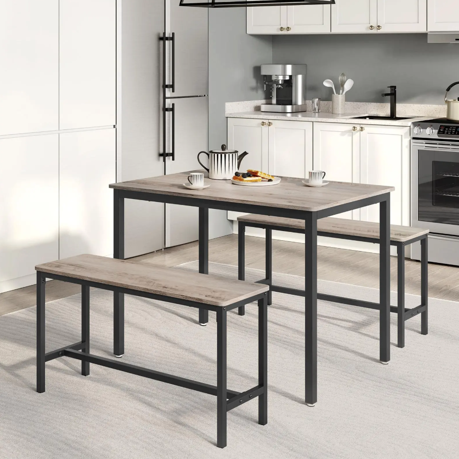 3-Piece Dining Table & Bench Set – Space-Saving Kitchen Table with 2 Benches & Steel Frame