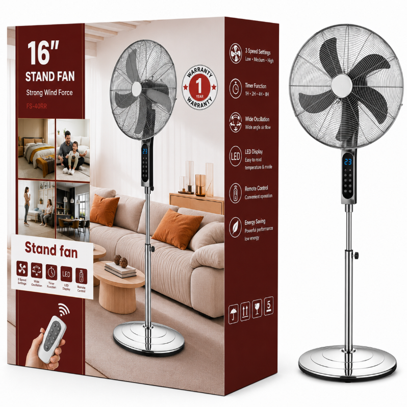 16-Inch Stainless Steel Pedestal Fan – Powerful Airflow, Remote Control, Digital Display