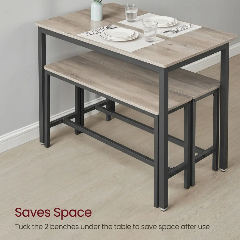 3-Piece Dining Table & Bench Set – Space-Saving Kitchen Table with 2 Benches & Steel Frame