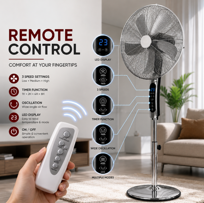 16-Inch Stainless Steel Pedestal Fan – Powerful Airflow, Remote Control, Digital Display