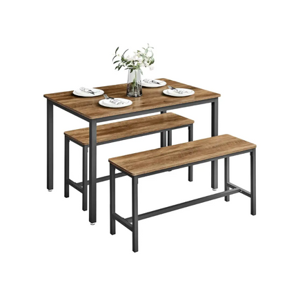 3-Piece Dining Table & Bench Set – Space-Saving Kitchen Table with 2 Benches & Steel Frame