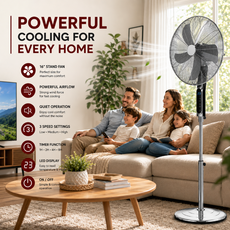 16-Inch Stainless Steel Pedestal Fan – Powerful Airflow, Remote Control, Digital Display