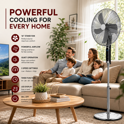 16-Inch Stainless Steel Pedestal Fan – Powerful Airflow, Remote Control, Digital Display