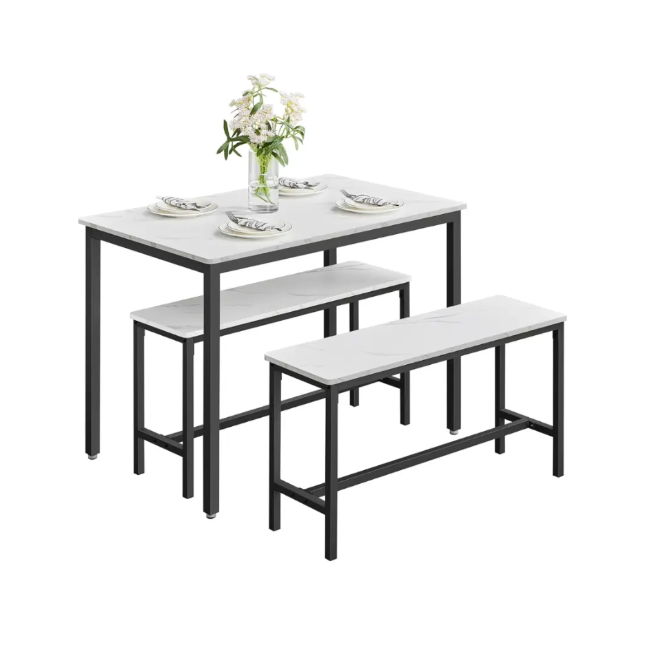 3-Piece Dining Table & Bench Set – Space-Saving Kitchen Table with 2 Benches & Steel Frame