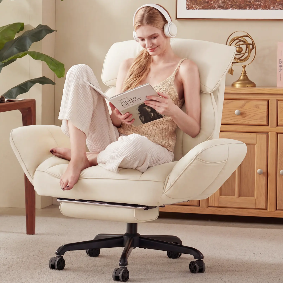 Cross-Legged Reclining Office Chair with Pocket Springs, Pivoting Armrests & Footrest